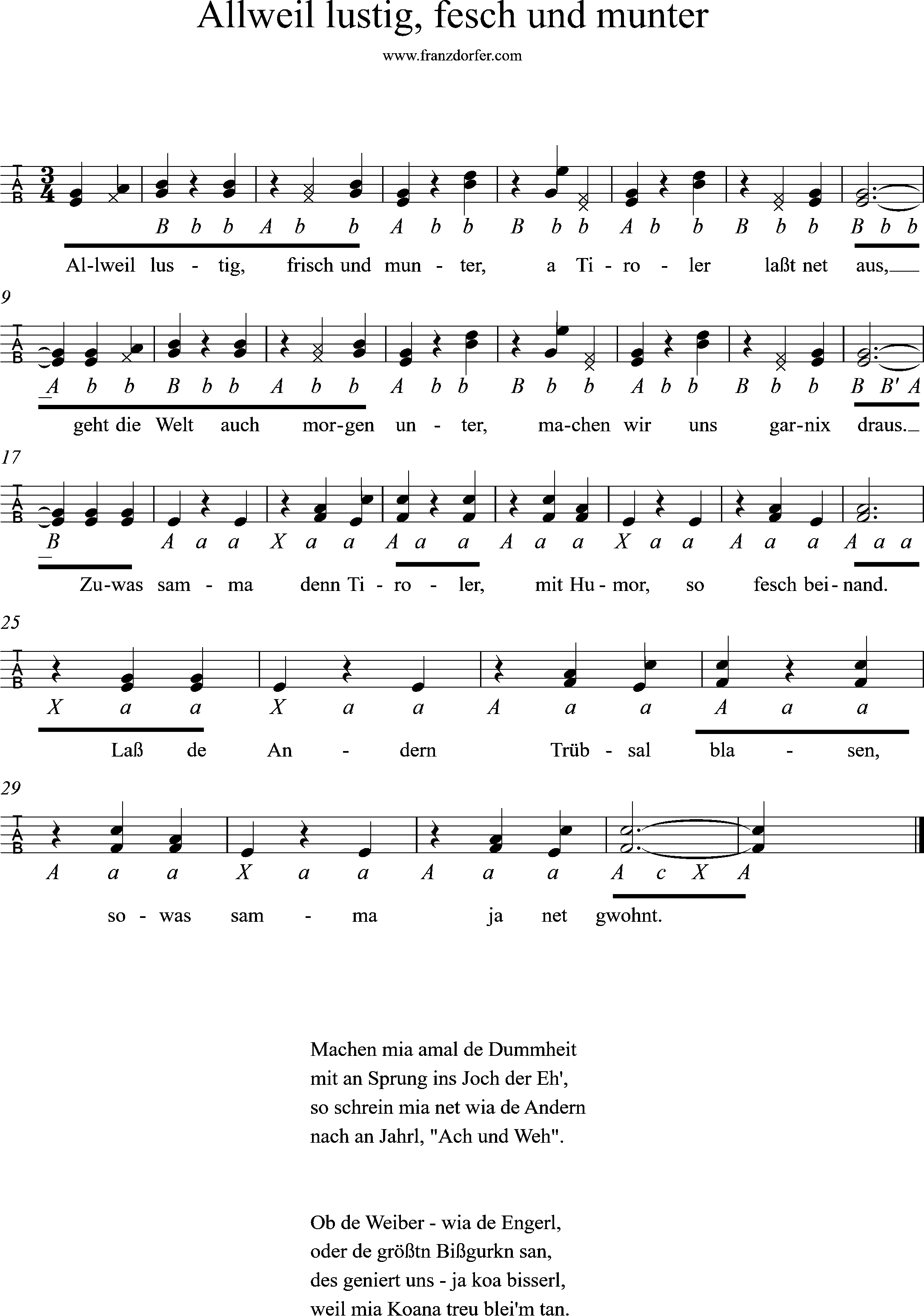 ziachnoten, Quetschn, allweil lustig fesch und munter steirische lernen, Griffschrift, Allweil lustif frisch und munter